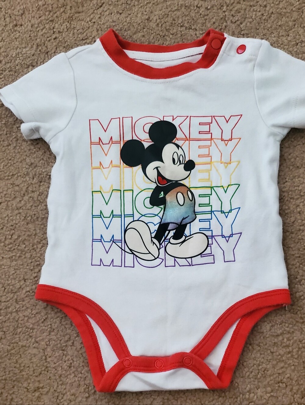 Mickey White Baby One-Piece Bodysuit with Red Trim